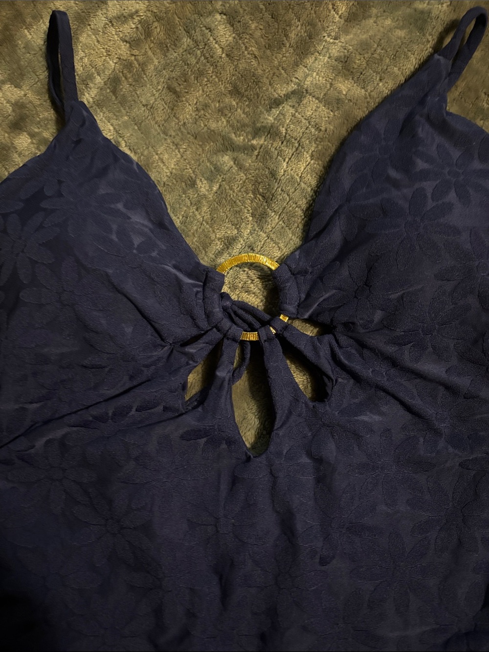 Trina Turk JOPLIN JACQUARD PETAL CUTOUT PLUNGE ONE PIECE SWIMSUIT, NAVY - Picture 2 of 10